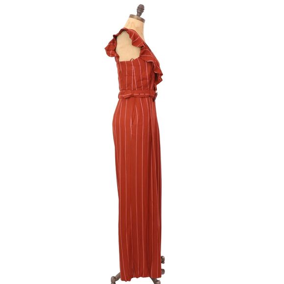 THREE FLOOR Margaux Jumpsuit XS Burnt Orange Striped Ruffle Shoulder Wide Leg B2 - Picture 3 of 7